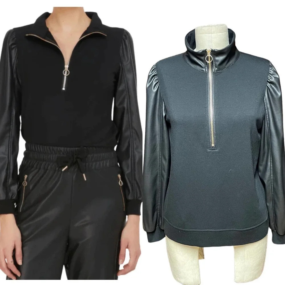Generation Love Lola Combo Faux Leather Sleeve Black‎ Sweatshirt Size XS